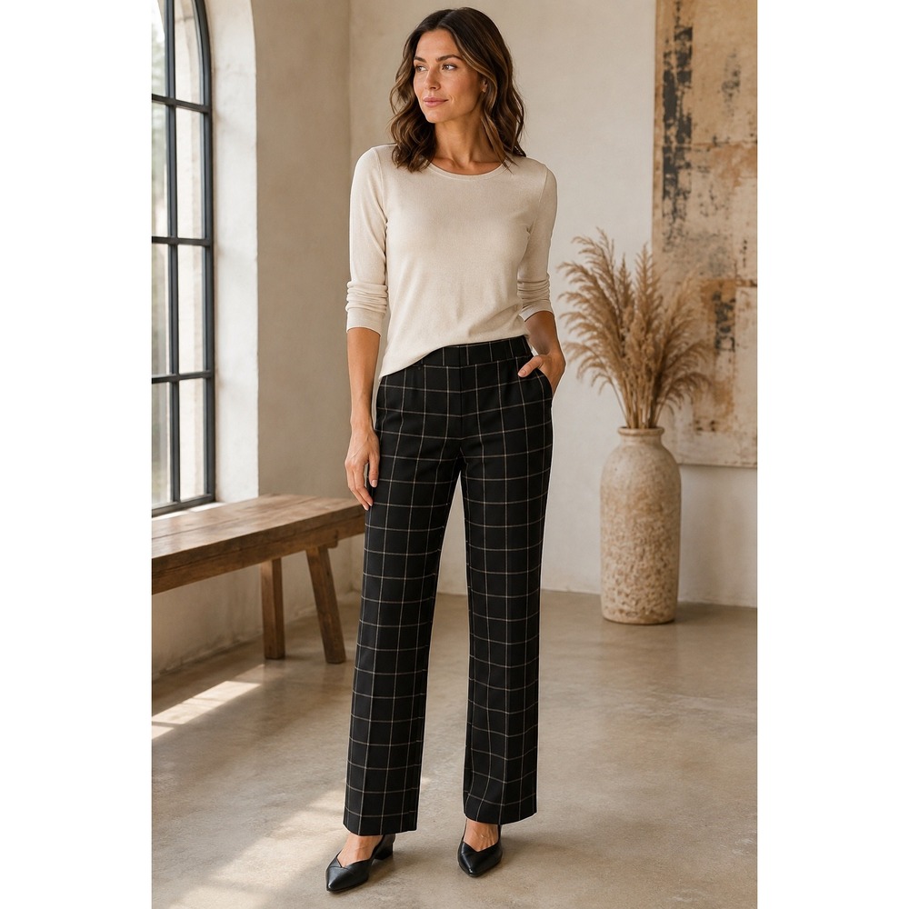 Liz Claiborne Emma Women's Size 10 Black Plaid Straight Leg Dress Pants